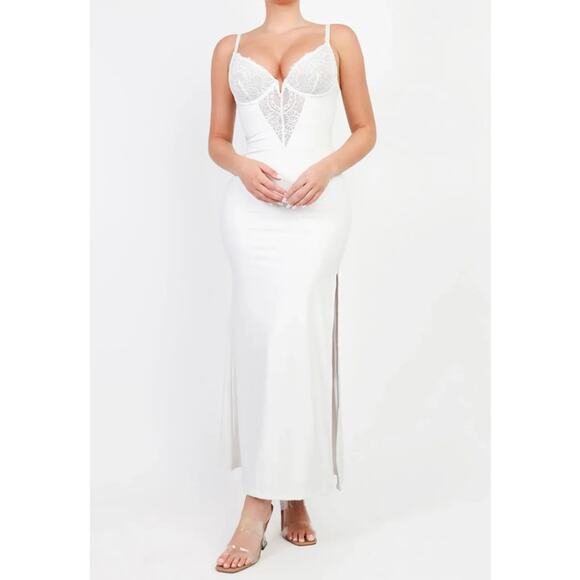 POPILUSH Shapewear Lace V Neck Side Slit Slimming Maxi Slip Dress Large White - Picture 1 of 14